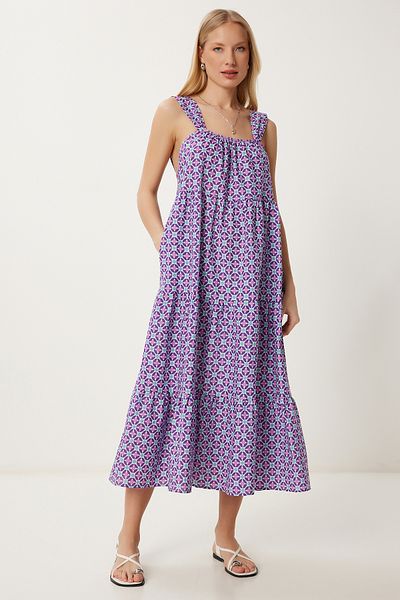 Happiness İstanbul Rochie de vară cu volan cu model violet pentru femei FK00024