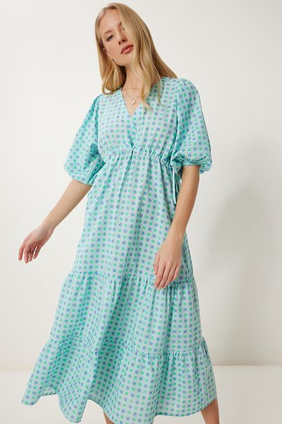 Happiness İstanbul Women's Mint Green Wrap Collar Patterned Woven Dress Fk00016