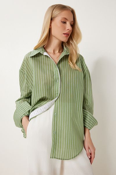 Happiness İstanbul Women's Light Green Lace Detailed Striped Oversize Shirt Rv00210