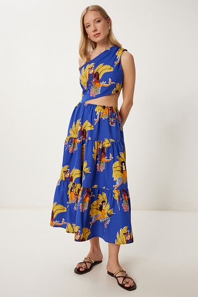 Happiness İstanbul Lila-gelbes, einseitig gemustertes Midi-Popeline-Kleid für Damen FK00018