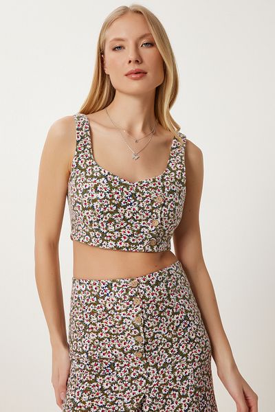 Happiness İstanbul Khakifarbener Damen-Crop-Rock aus Leinen mit Knochenmuster FK00025