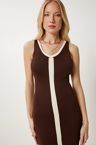 Happiness İstanbul Дамска кафява плетена рокля с контрастен цвят Kİ00119