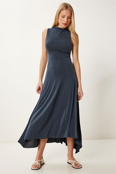 Happiness İstanbul Women's Anthracite Pale Effect Flounced Modal Dress Ub00394