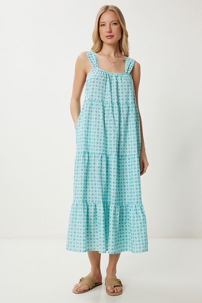 Happiness İstanbul Women's Mint Green Patterned Flounced Summer Dress Fk00024
