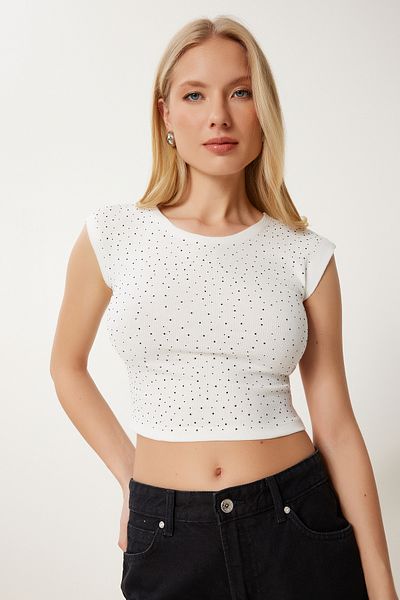 Happiness İstanbul Ecru Stone Detaillierte Crop Fitilli Strickbluse für Damen MX00194
