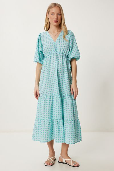 Happiness İstanbul Women's Mint Green Wrap Collar Patterned Woven Dress Fk00016
