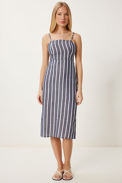 Happiness İstanbul Women's Navy Blue Bone Strap Striped Summer Dress Li̇00127
