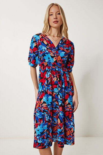 Happiness İstanbul Kadın Mavi Bordo Anvelop Yaka Desenli Yazlık Viskon Elbise ZV00319