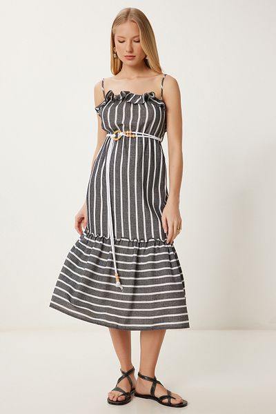 Happiness İstanbul Women's Anthracite Bone Striped Flounced Summer Woven Dress Li00126