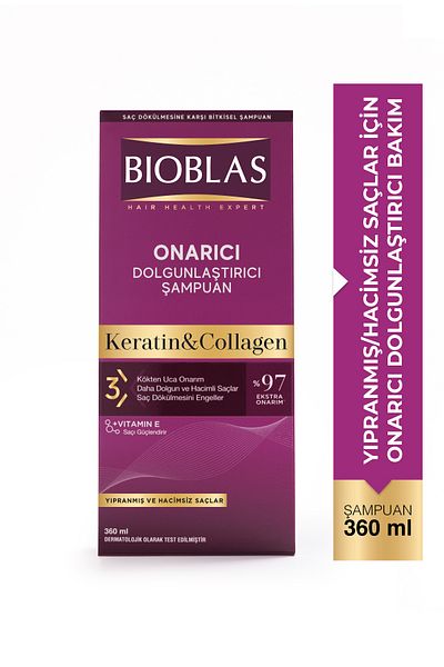 Bioblas Keratin & Kolajen Onarıcı Dolgunlaştırıcı Saç Bakım Şampuanı 360 ml İnce ve Yıpranmış Saçlar
