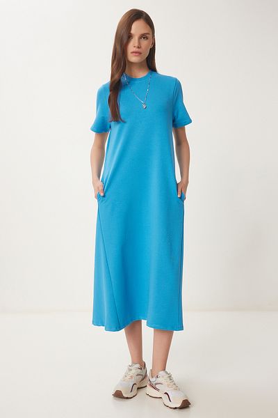 Lovelyİstanbul Rochie de vară tricotată albastră - Linie A Lub0005