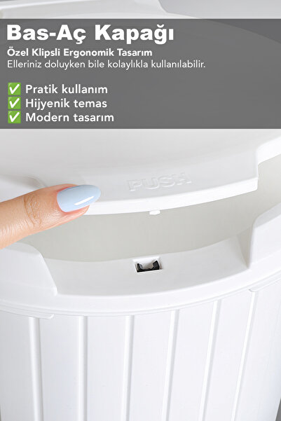Meleni Home 12 Litre Bas Aç Kapaklı Çöp Kovası - Click Kapak Pedallı Çöp Kovası Banyo Mutfak Çöp Kovası Beyaz