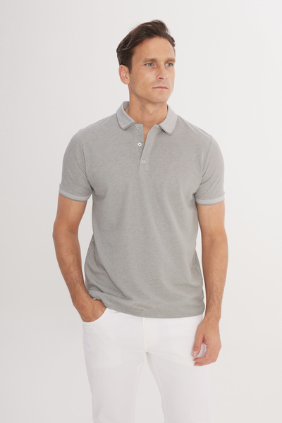 AC&Co / Altınyıldız Classics Ανδρικό βαμβακερό μπλουζάκι με γκρι κολάρο πόλο με λεπτή εφαρμογή - Μη συρρικνώσιμο χωρίς μπούκλες