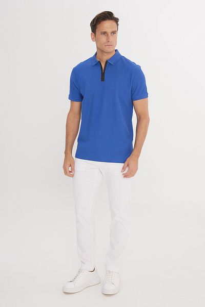 ALTINYILDIZ CLASSICS Herren Saks Blue Slim Fit Slim Fit Polokragen 100 % Baumwolle mit Wabenmuster, kurzärmeliges T-Shirt