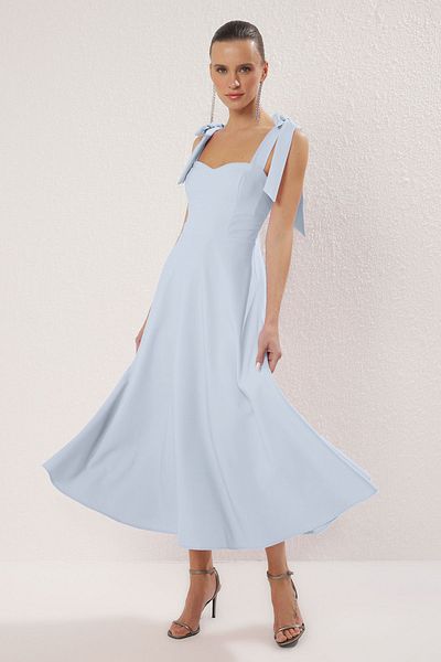Trendyol Collection Light Blue A-Cut Strap Fastening Detailed Woven Midi Elegant Evening Dresses Evening Graduation Dress TPRSS24EL00251