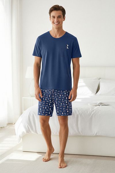 Trendyol Collection Indigo Regular Fit - Sada pleteného pyžama se vzorem psa THMSS21PT0324