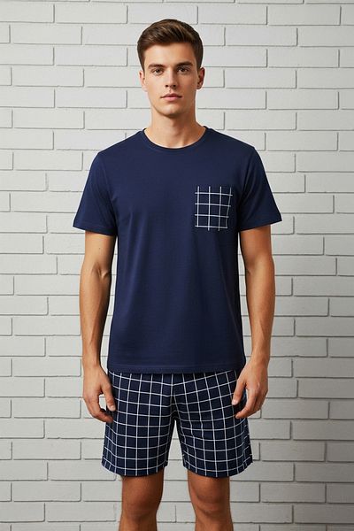 Trendyol Collection Σετ πιτζάμες καρό πλεκτό σορτς Navy Blue Regular Fit TMNSS25PT00034