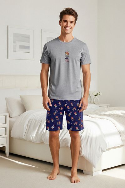 Trendyol Collection Γκρι μελανζέ- Ναυτικό κανονική εφαρμογή Teddy Bear Σετ πιτζάμες με στάμπα με σορτς TMNSS25PT00055