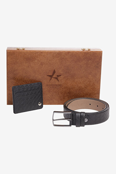 ALTINYILDIZ CLASSICS Чоловічий чорний дерев'яний озел подарункова коробка ремінь кардхолдер аксесуари набір наречений Bohcası