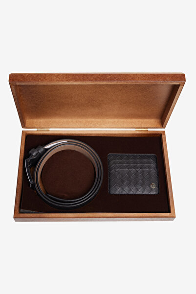 ALTINYILDIZ CLASSICS Чоловічий чорний дерев'яний озел подарункова коробка ремінь кардхолдер аксесуари набір наречений Bohcası