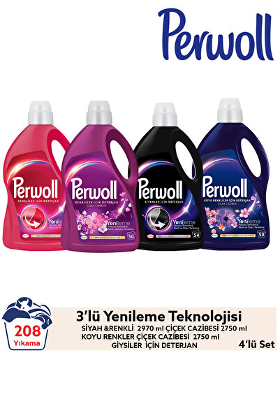 Perwoll Çamaşır Deterjanı 4'lü set: (208 Yıkama) 2,97 L Siyah & Renkli, 2,75 L Çiçek Cazibesi Renkli Koyu