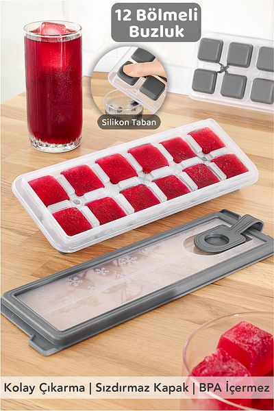 Meleni Home 1 Piece Silicone Push-Pull Ice Tray - 12-Cup Non-Stick Silicone Cocktail Presentation Ice Mold with Lid Gray