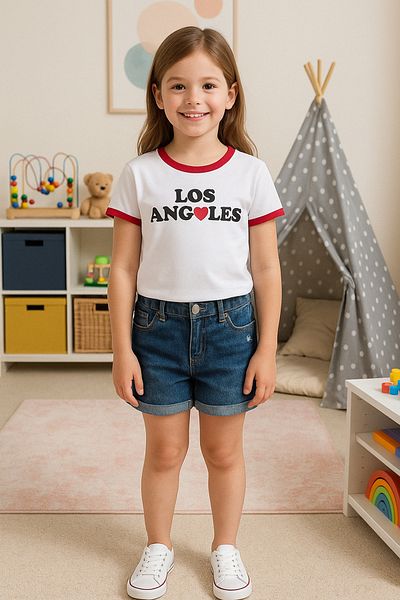 TRENDYOLKIDS Ecru Girl 100% bawełny Slogan Nadrukowany Piping Szczegółowy Krótki Rękaw Dzianinowy T-shirt TKDSS25TS00115