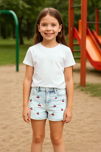 TRENDYOLKIDS Μπλε γυναικείο παιδικό 100% βαμβακερό τζιν σορτς με κεντημένο κεράσι & βερμούδα TKDSS25SR00036