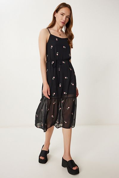 Happiness İstanbul Women Black Pink Floral Embroidery Summer Chiffon Dress Tp00051