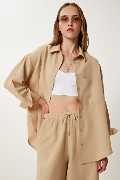 Happiness İstanbul Women's Beige Oversize Linen Shirt Pants Set Wf00118