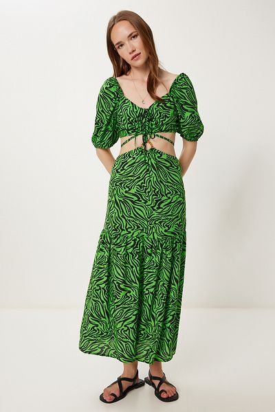 Happiness İstanbul Women's Green Black Patterned Crop Blouse Skirt Set Fk00033