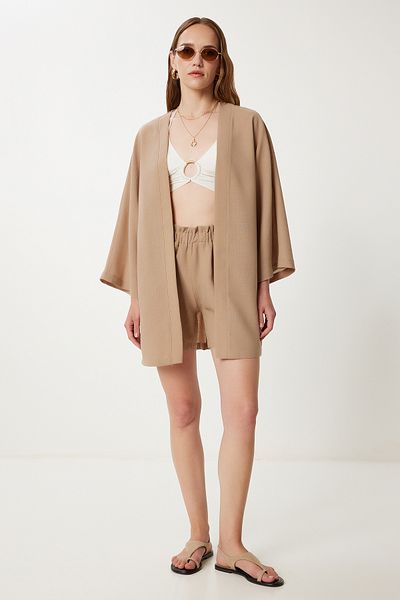 Happiness İstanbul Nerz-Leinen-Kimono-Shorts-Set für Damen WF00105