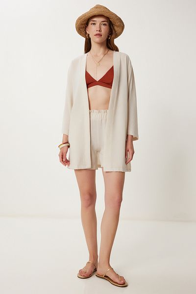Happiness İstanbul Women's Stone Linen Kimono Shorts Set Wf00105