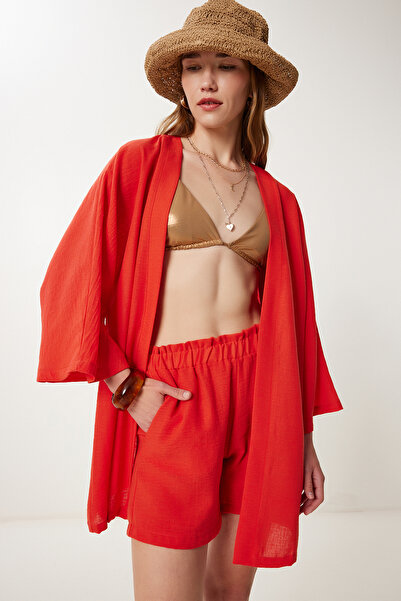 Happiness İstanbul Women's Orange Linen Kimono Shorts Set Wf00105