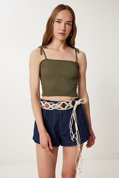 Happiness İstanbul Khaki Senf 2-Pack Damen Strap Flexible Crop Gestrickte Bluse WF00157