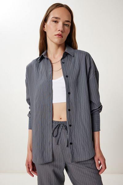 Happiness İstanbul Women's Anthracite Striped Shirt Pants Set Wf00138