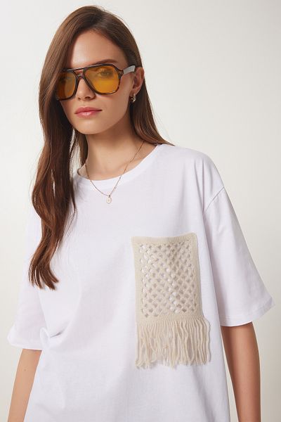 Happiness İstanbul Women's White Oversize Embroidery Pocket Knitted T-Shirt Zv00277