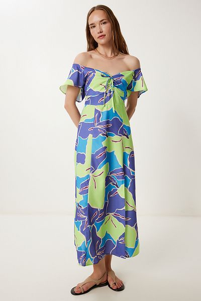 Happiness İstanbul Rochie midi de vară cu fantă cu model violet verde pentru femei TP00089