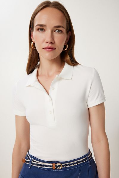 Happiness İstanbul Women's Ecru Polo Neck Knitted T-Shirt Fk00039