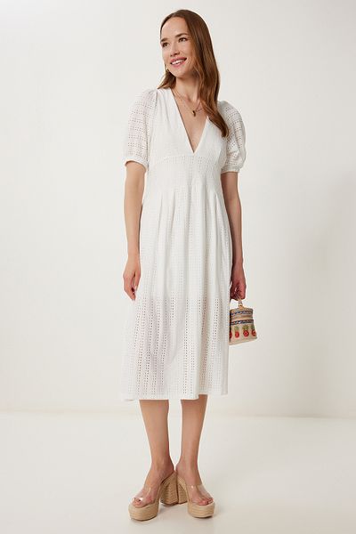 Happiness İstanbul Women's Ecru Openwork Summer Midi Knitted Dress Tp00050
