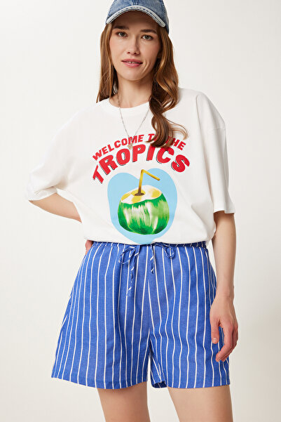 Happiness İstanbul Kadın Koyu Mavi Çizgili Rahat Şort PB00036