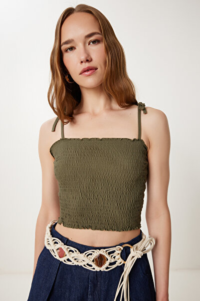 Happiness İstanbul Khaki Senf 2-Pack Damen Strap Flexible Crop Gestrickte Bluse WF00157