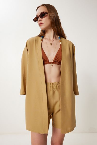 Happiness İstanbul Damen-Kimono-Shorts-Set aus Kamelleder WF00105