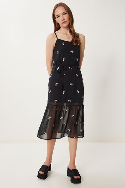 Happiness İstanbul Women Black Pink Floral Embroidery Summer Chiffon Dress Tp00051