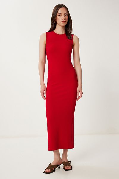 Happiness İstanbul Women Red Body Hugging Midi Woven Dress Wf00104