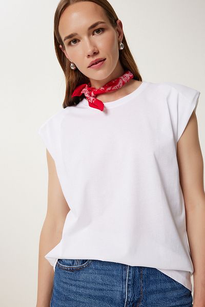 Happiness İstanbul Women's White Padded Basic Knitted T-Shirt Fg00031