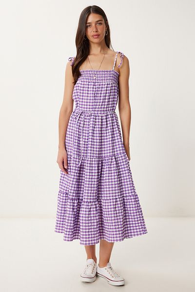Happiness İstanbul Women's Purple Strap Checked Flounced Summer Dress Fk00031