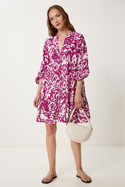 Happiness İstanbul Women's Plum Cream Patterned Flowing Shirt Dress Wf00115