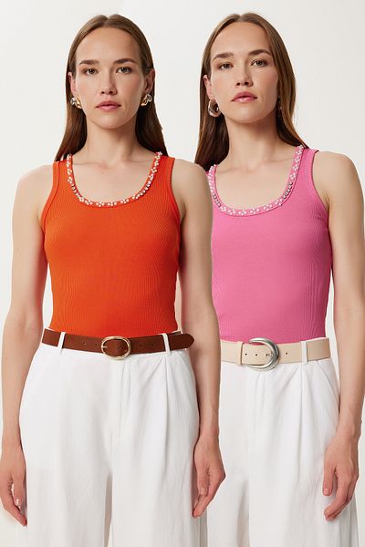 Happiness İstanbul Women's Orange Pink 2 Pack Pearl Stone Detailed Ribbed Knitted Undershirt Pb00038