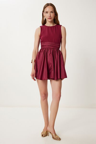 Happiness İstanbul Women's Cherry Stretchy Knitted Top with Parachute Skirt Flared Dress Wf00135